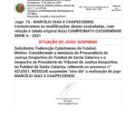 Procuradoria do TJD oferece denúncia e partida Marcílio Dias x Chapecoense está suspensa