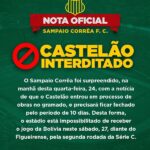 Sampaio Corrêa é surpreendido com interdição do Castelão e o Figueirense é afetado